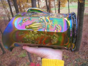 Antique Northwood Green Singing Birds Carnival Glass Water Pitcher