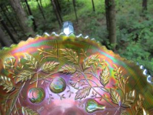 Antique Northwood Green Fruits & Flowers Carnival Glass Bon Bon