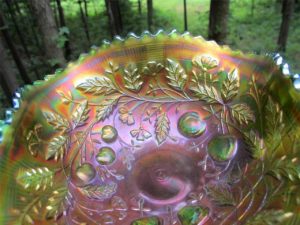 Antique Northwood Green Fruits & Flowers Carnival Glass Bon Bon