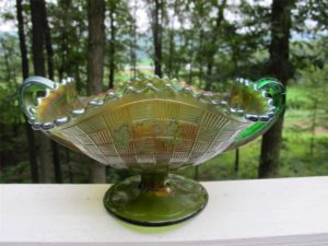 Antique Northwood Green Fruits & Flowers Carnival Glass Bon Bon