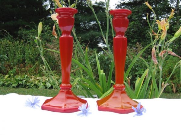 Antique Northwood Chinese Coral Red Colonial EAPG Candleholders!