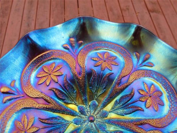 Antique Dugan Amethyst Flowers & Frames Carnival Glass Bowl