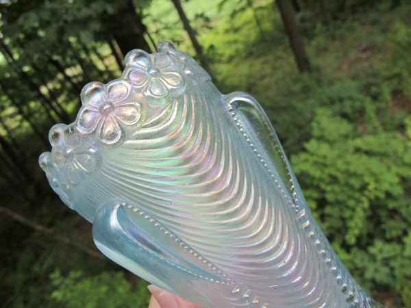 Antique Northwood Ice Blue Daisy & Drape Carnival Glass Vase