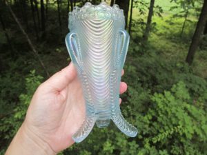 Antique Northwood Ice Blue Daisy & Drape Carnival Glass Vase
