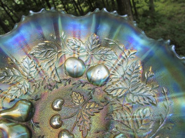 Antique Northwood Sapphire Three Fruits Stippled Carnival Glass Bowl