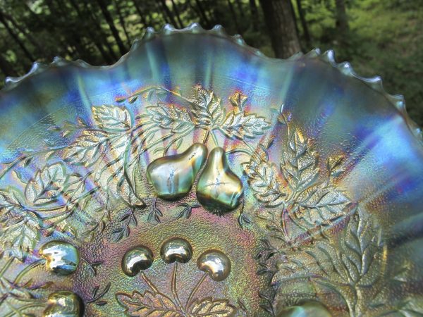 Antique Northwood Sapphire Three Fruits Stippled Carnival Glass Bowl