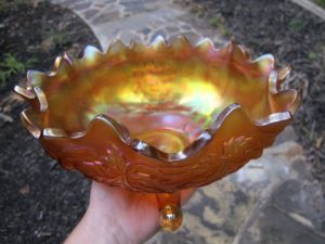 Antique Northwood Marigold Stippled Grape & Cable Carnival Glass Fruit Bowl