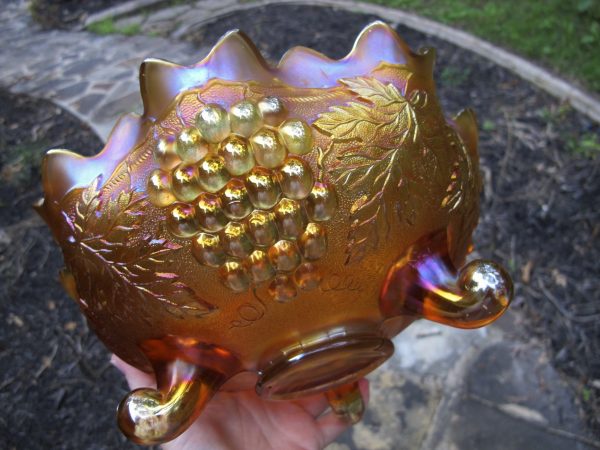 Antique Northwood Marigold Stippled Grape & Cable Carnival Glass Fruit Bowl