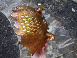 Antique Northwood Marigold Stippled Grape & Cable Carnival Glass Fruit Bowl