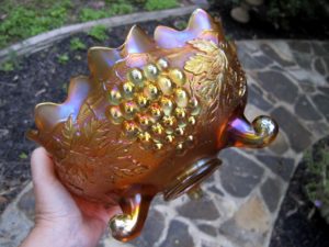 Antique Northwood Marigold Stippled Grape & Cable Carnival Glass Fruit Bowl