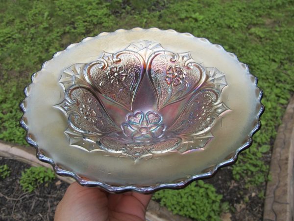 Antique Dugan Amethyst Five Hearts Carnival Glass Flared Bowl