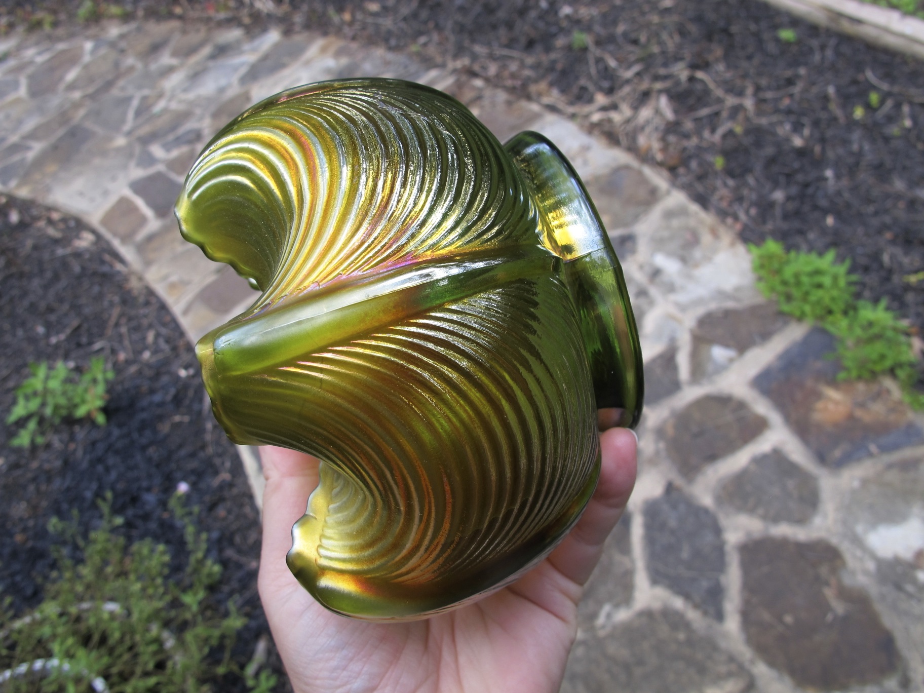 Antique Northwood Green Drapery Carnival Glass Rose Bowl Antique Northwood Green Drapery Carnival Glass Rose Bowl