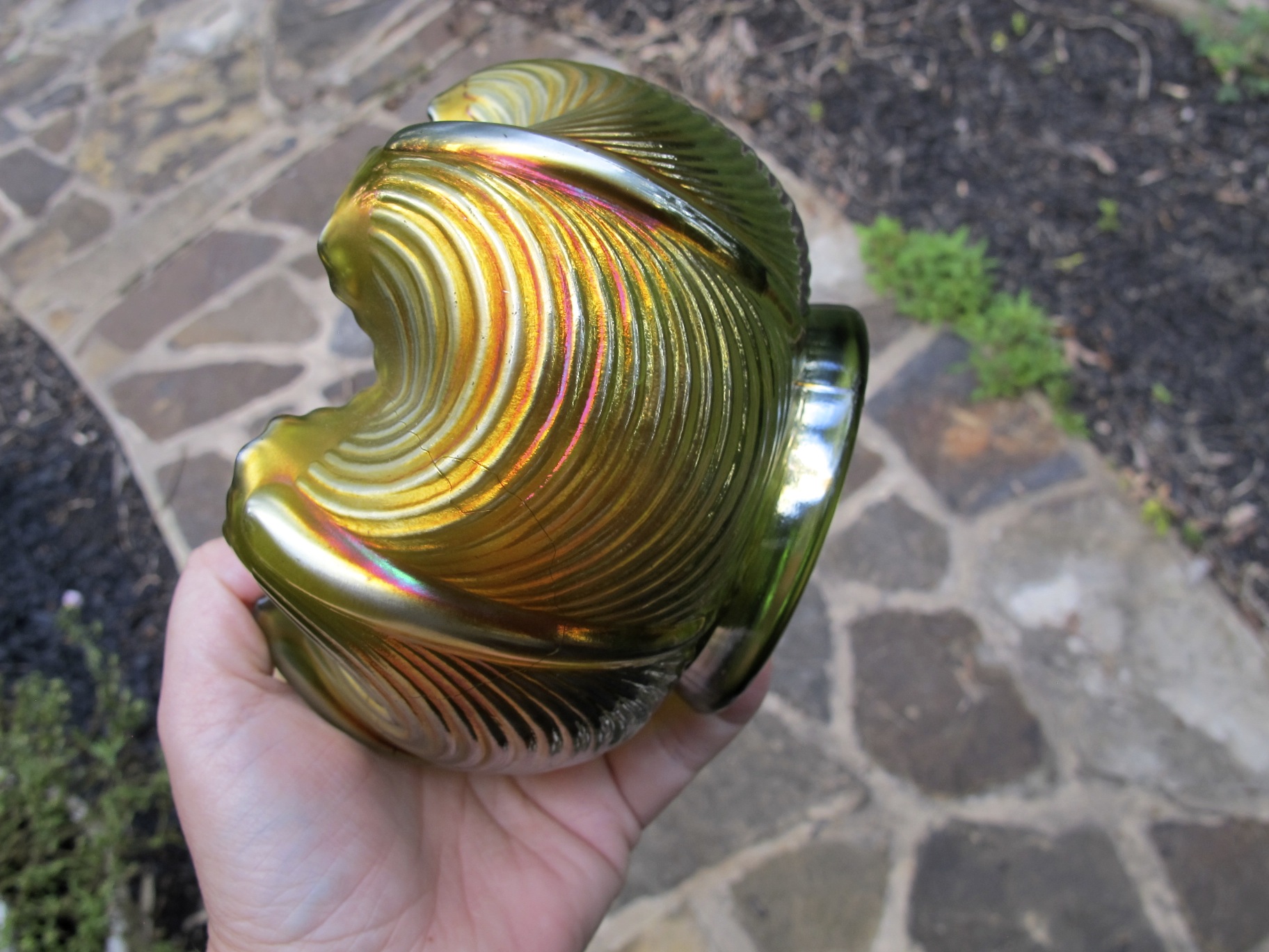 Antique Northwood Green Drapery Carnival Glass Rose Bowl Antique Northwood Green Drapery Carnival Glass Rose Bowl