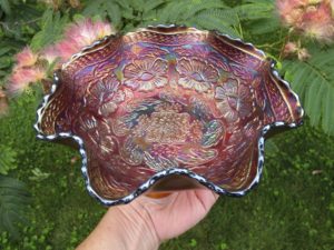 Antique Fenton Red Two Flowers Carnival Glass Footed Bowl