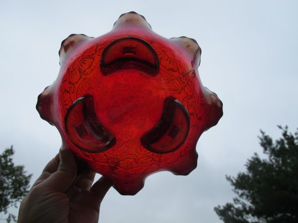 Antique Fenton Red Two Flowers Carnival Glass Footed Bowl