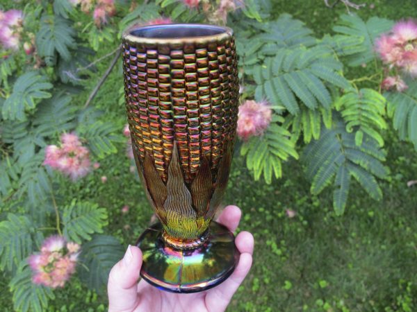 Antique Northwood Blue Carnival Glass Corn Vase