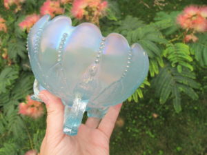 Antique Northwood Ice Blue Leaf & Beads Carnival Glass Rose Bowl
