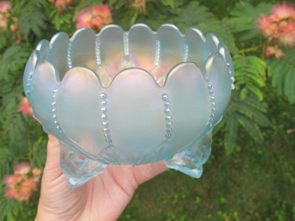 Antique Northwood Ice Blue Leaf & Beads Carnival Glass Rose Bowl