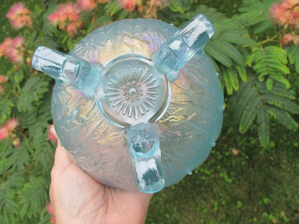 Antique Northwood Ice Blue Leaf & Beads Carnival Glass Rose Bowl