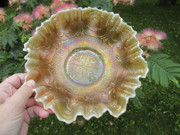 Antique Fenton Vaseline Opal Dragon & Lotus Carnival Glass Bowl