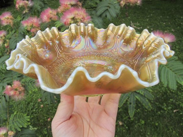 Antique Fenton Vaseline Opal Dragon & Lotus Carnival Glass Bowl