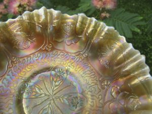 Antique Fenton Vaseline Opal Dragon & Lotus Carnival Glass Bowl