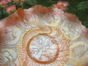 Antique Fenton Yellow Opal Slag Dragon & Lotus Carnival Glass Bowl