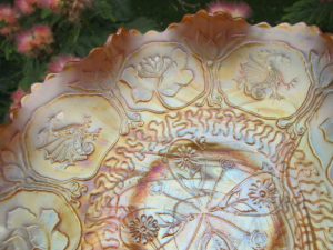 Antique Fenton Yellow Opal Slag Dragon & Lotus Carnival Glass Bowl
