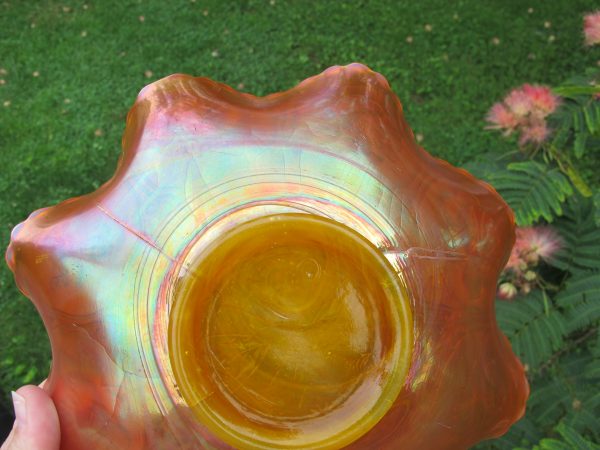 Antique Fenton Yellow Opal Slag Dragon & Lotus Carnival Glass Bowl