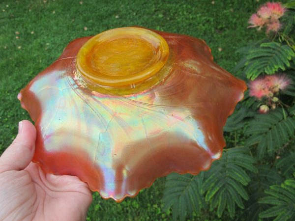 Antique Fenton Yellow Opal Slag Dragon & Lotus Carnival Glass Bowl