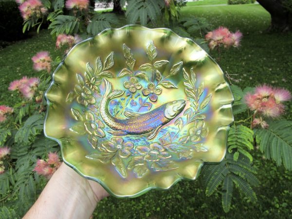 Antique Millersburg Green Trout & Fly Carnival Glass 3N1 Bowl