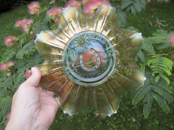 Antique Northwood Aqua Opal Good Luck Carnival Glass Bowl