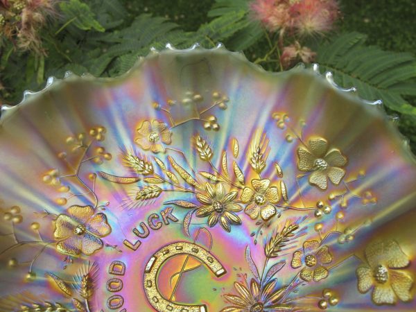 Antique Northwood Aqua Opal Good Luck Carnival Glass Bowl
