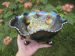 Antique Fenton Blue Stag & Holly Carnival Glass Nut or Fruit Bowl
