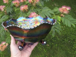 Antique Fenton Blue Stag & Holly Carnival Glass Nut or Fruit Bowl