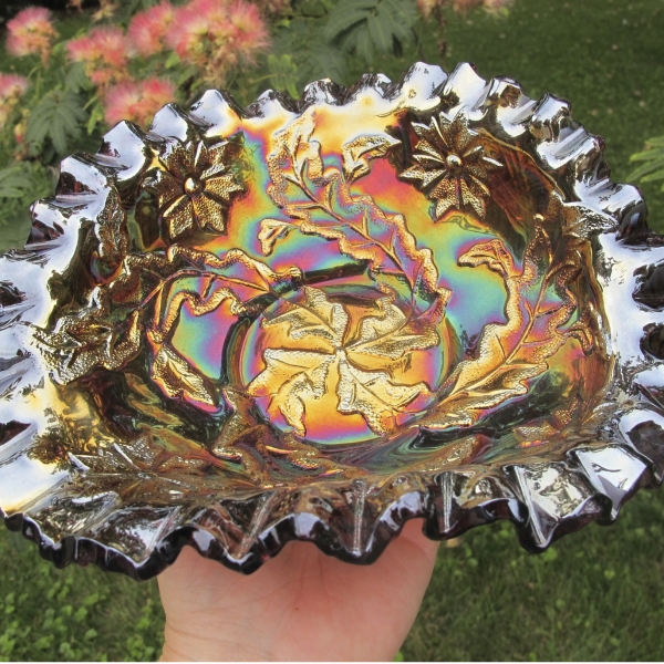 Antique Millersburg Amethyst Whirling Leaves Carnival Glass Tri-Corner Bowl