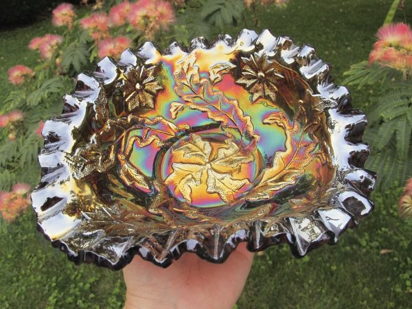 Antique Millersburg Amethyst Whirling Leaves Carnival Glass Tri-Corner Bowl