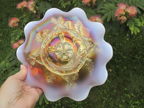 Antique Dugan Peach Opal Apple Blossom Twigs Carnival Glass Bowl