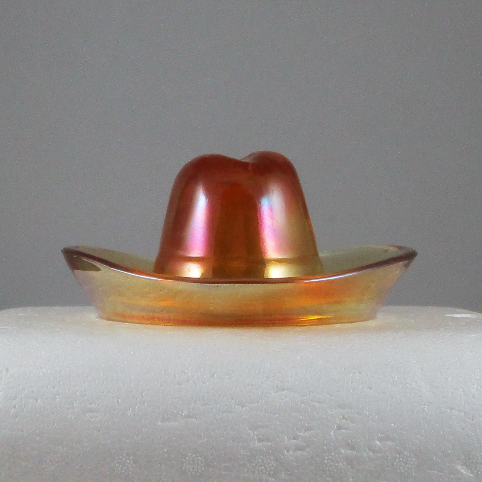 Antique Unknown maker Marigold "LBJ" Cowboy Hat Carnival Ashtray Carnival Glass