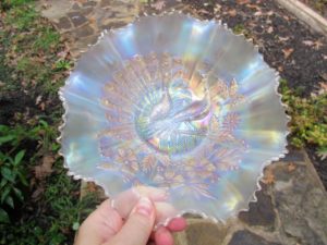 Antique Northwood White Peacocks Carnival Glass Bowl