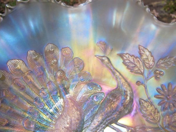 Antique Northwood White Peacocks Carnival Glass Bowl
