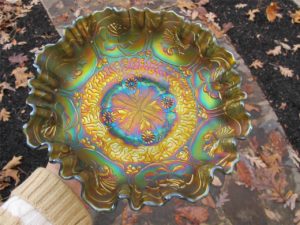 Antique Fenton Green Dragon & Lotus Carnival Glass 3n1 Bowl