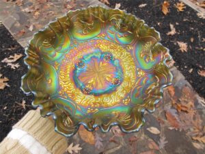 Antique Fenton Green Dragon & Lotus Carnival Glass 3n1 Bowl