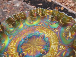 Antique Fenton Green Dragon & Lotus Carnival Glass 3n1 Bowl