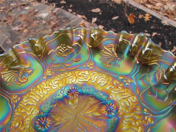 Antique Fenton Green Dragon & Lotus Carnival Glass 3n1 Bowl