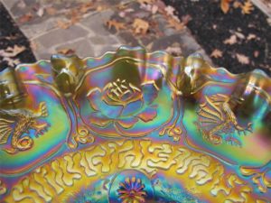 Antique Fenton Green Dragon & Lotus Carnival Glass 3n1 Bowl