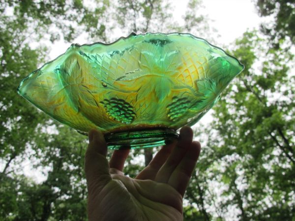 Antique Fenton Teal Concord Grape Carnival Glass Bowl