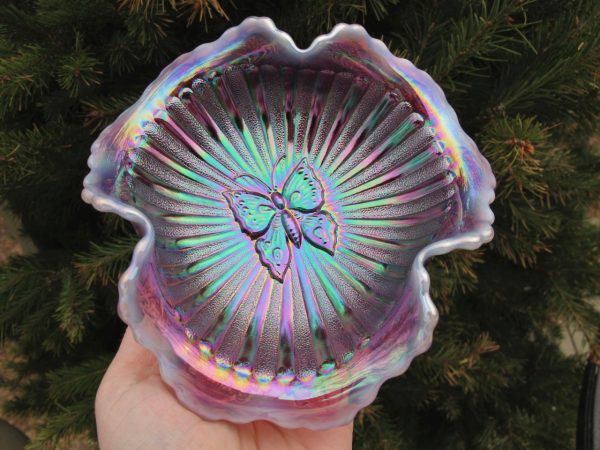 Fenton Plum Opal Butterfly Leaf Tiers Carnival Glass Tri-Corner Whimsey