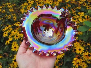 Fenton Red Fine Cut & Grapes Carnival Glass Jip Bowl