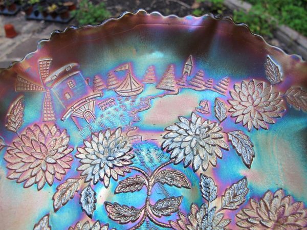 Antique Fenton Powder Blue Chrysanthemum Carnival Glass Bowl